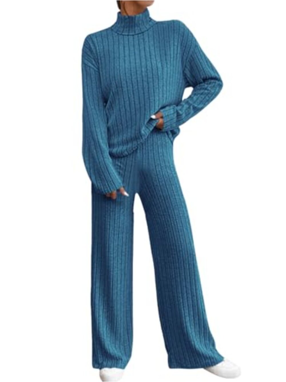 2 Piece Lounge Set Ribbed Knit High Neck Pullover Wide Leg Pants Tracksuit